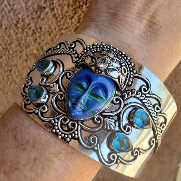 New Carved Goddess Blue Quartz & Pink Topaz 925 Silver Cuff Bracelet. - Picture 5 of 10